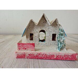 Vintage putz mica paper house White flocked village Japan Xmas decor